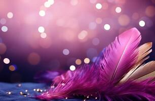 AI generated Purple feathers adorned with glitter, set against a backdrop of deep purple. photo