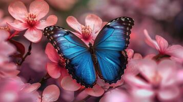 AI generated A stunning Morpho butterfly with vibrant blue wings resting on pink-violet flowers in a close-up macro shot in the springtime photo