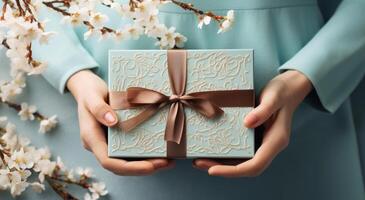 AI generated hands holding an easter box full of chocolates and blooming flowers on blue background photo