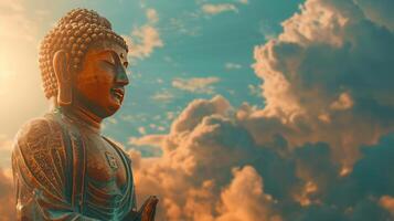 AI generated Golden Buddha statue in the clouds on the left. Minimalistic sky background with sun rays photo