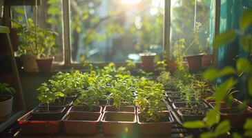 AI generated a small indoor greenhouse with plants on trays in the sun photo