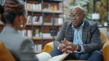 ai generado africano americano periodista en un traje teniendo un conversacion con un empresario sentado en un Sillón durante un entrevista foto