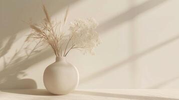 AI generated Minimalist interior decor with ceramic vase and dry plant photo