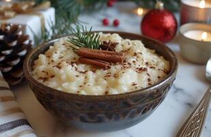 ai generado canela marrón arroz pudín un típico comida en Navidad día foto
