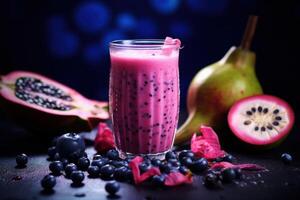 AI generated a pink smoothie with dragon fruit leaves next to it photo