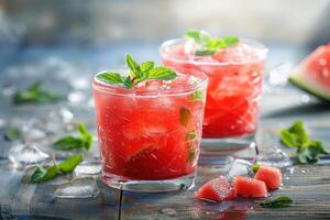 AI generated freshwatermelon cocktails with mint on wooden background photo