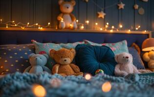 ai generado un azul cama con decorativo almohadas, relleno animales y luces foto