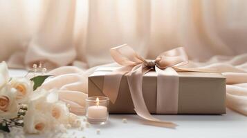 AI generated An elegant abstract pattern, created with simplicity and finesse, adorning a wrapped gift box embellished with a satin ribbon, enhancing its beauty. photo