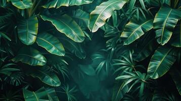 AI generated Tropical banana leaf texture with large palm foliage creating a natural dark green background photo