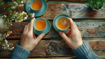 ai generado un té conjunto en un de madera mesa desde arriba, creando un sereno antecedentes para un té ceremonia. foto