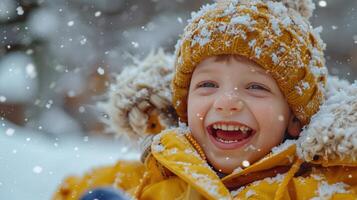 AI generated A happy child rides a sled down a snowy hill  and looks at the camera photo