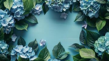 AI generated Abstract beautiful minimalistic background empty in the center and with hydrangea flowers photo