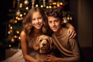 ai generado un familia foto en el medio de un Navidad árbol con dos niños y perro