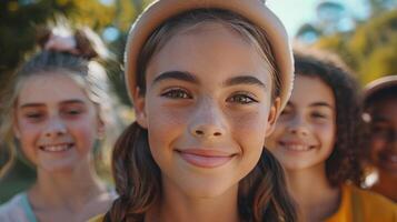 AI generated Close-up shot of pre-teen friends smiling at the camera in a park photo