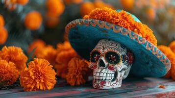 ai generado un vistoso día de el muerto carnaval configuración, con intrincado azúcar calaveras foto