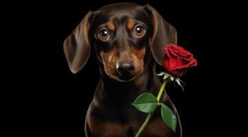 ai generado un perro tejonero perro participación un rojo flor foto