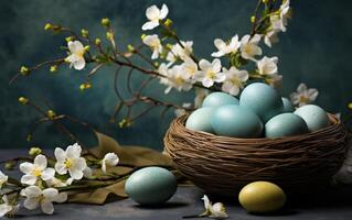 AI generated easter eggs in a basket and flowers on the table photo