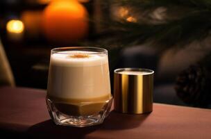 AI generated an egg nog frothy drink sitting on a table photo