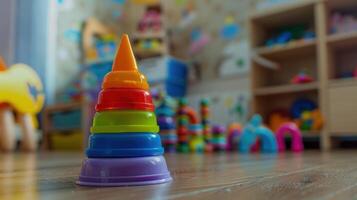 ai generado un para niños multicolor el plastico juguete pirámide soportes en un de madera piso foto