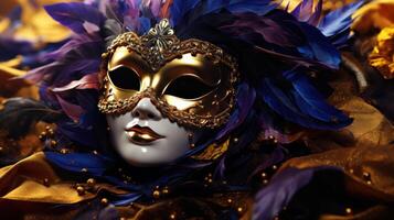 ai generado carnaval máscara con plumas, oro, Violeta, azul, amarillo foto