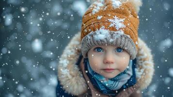 AI generated A child's first encounter with snow, touching the cold with wonder and amazement photo