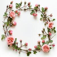 AI generated Circular wreath pattern featuring roses, pink flower buds, branches, and leaves isolated on a white background photo