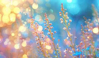 AI generated grassy bokeh sky with blue flowers photo