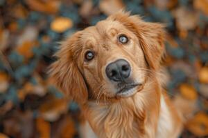 AI generated A playful golden retriever tilts its head, a look of joy and anticipation in its expressive eyes photo