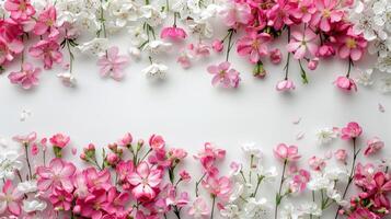 AI generated Design of pink and white flowers border on a white background photo