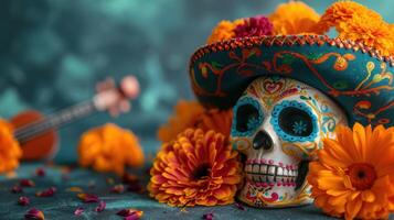 AI generated A colorful Day of the Dead carnival setting, with intricate sugar skulls photo