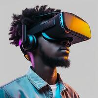 AI generated Person wearing VR goggles, their expression a mixture of concentration and amazement photo