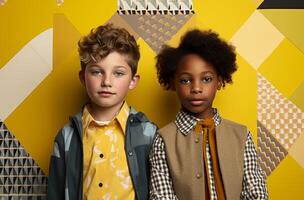 AI generated two boys standing by each other on a yellow background photo