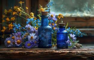 AI generated a wooden table with herbal oils and bouquets of flowers photo