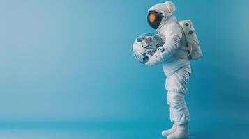 AI generated an astronaut hugging a planet earth, studio shot against a plain blue background photo