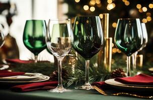 ai generado vino lentes conjunto en un comida mesa foto