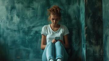 AI generated A young woman in a white short-sleeved shirt and blue jeans and white sneakers sits near a dark green wall photo