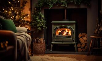 AI generated A Luxurious Scene. Winter Lights Next to Burning Fire, Dark Beige and Green Tones, Spot Metering photo
