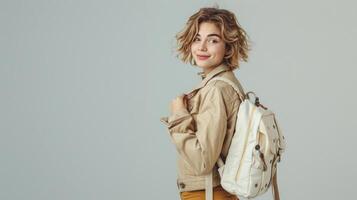 AI generated A young woman with short blond hair in a beige biker and golden trousers holds a white leather backpack photo