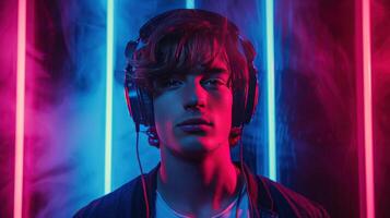 AI generated Handsome young DJ in headphones stands on a dark neon minimalistic background and looks at the camera photo