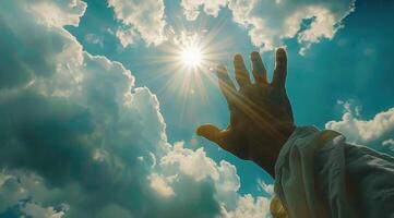 ai generado Jesús' mano extendido hacia el cielo foto