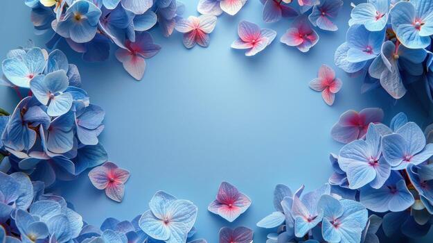 AI generated Abstract beautiful minimalistic background empty in the center and with hydrangea flowers photo