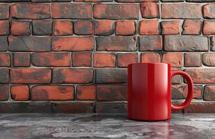 AI generated red coffee mug against a brick wall photo