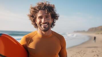 AI generated A handsome smiling man with curly hair stands near the ocean and holds a surfboard in his hands photo