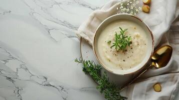 AI generated Beautiful photo of potato soup in white plates on a white marble table