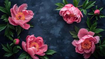 AI generated Peonies in a stunning dark-colored frame. Black floral backdrop. Illustrating a festive flower theme photo