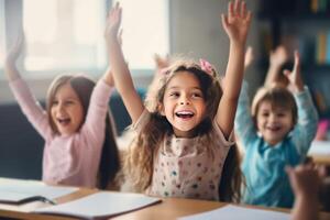 AI generated girls are sitting at desks and raising their hands photo