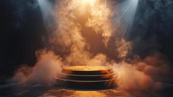 AI generated A golden podium stands on a dark background enveloped in smoke photo