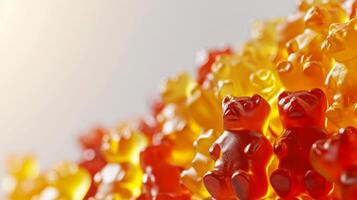 AI generated Close-up of mouthwatering gummy bears, inviting with their soft, chewy texture and fruity flavors photo