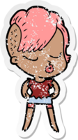 distressed sticker of a cartoon pretty hipster girl png