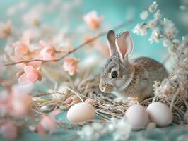 ai generado un marrón Conejo en un nido con huevos rodeado por flores foto